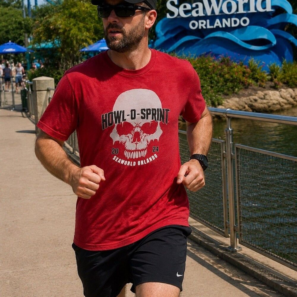 SeaWorld Howl-O-Sprint 2024 T-Shirt Unisex Adults L Red Skull Graphic